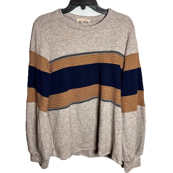 Hailey & Co Sweater Brown Blue Soft Waffle Design Ballon Sleeves Sz L - Picture 1 of 7